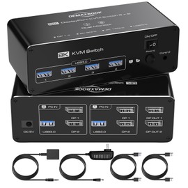 DEMEXBOOK 8K Dual Monitor DisplayPort KVM Switch 2 Monitors 2 Computers 8K@60Hz 4K@144Hz, 2 Computers Share 2 Monitors, 4 USB 3.0 Ports, Supports Extended/Copy Mode with Remote & USB Cables