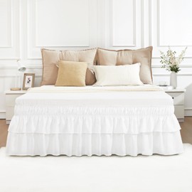 Vocander 2 Layer Bedskirt,White Queen Size Bed Skirt 16 Inch Drop Easy to Put On,Elastic Wrap Around Dust Ruffle for Bed Frame & Mattress,Luxury Bedskirt for Adjustable Bed Microfiber Fabric