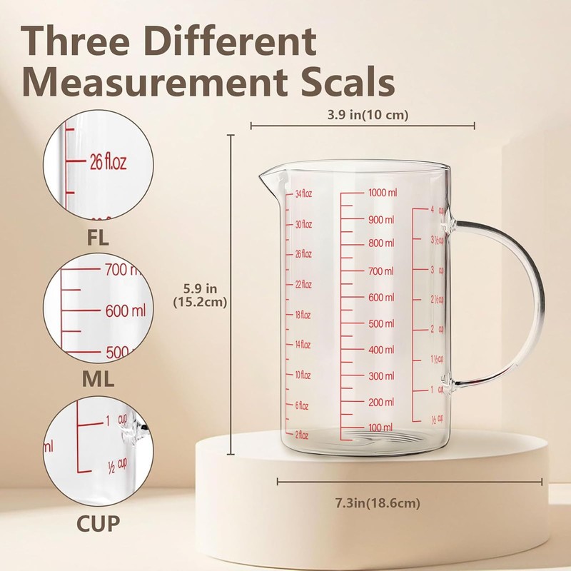 WhiteRhino 4Cup/1000ML Glass Liquid Measuring Cup With Handle,High Borosilicate Glass