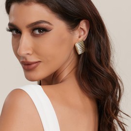 Mesurely 14K Gold Plated Irregular Stud Earrings for Women, Lightweight Hammered Chunky Statement Rectangle Earrings, Hypoallergenic Jewelry Gifts for Women