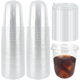 Foxtell 100 Pcs 16 Oz Clear Plastic Cups with Strawless Sip Lids Disposable Round Bottom Togo Cups for Iced Coffee Smoothie Beverage Cold Drinks Disposable Iced Coffee Cups for Party Catering BBQ