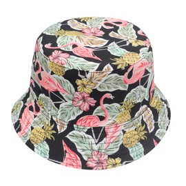 ZLYC Unisex Cute Unique Print Travel Bucket Hat Summer Fisherman Cap (Flamingo Pineapple Black)