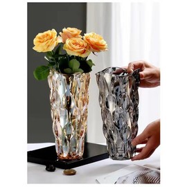 Eweeh Crystal Glass Vase Flower Vase for Home Décor, Fresh Bouquets Holder, Tall Floral Arrangement for Wedding Holiday Party, Modern Decoration Fit for Office Dinning Living Room (10 inch, Amber)