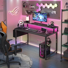 Lufeiya Gaming Desk with Power Outlets and LED Lights, 40 Inch Gamer Desk Table with Charging Station, Home Office Computer Desks with Monitor, Black