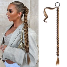 SEIKEA Long DIY Braided Ponytail Extension with Hair Tie Straight Wrap Around Hair Extensions Ponytail Natural Soft Synthetic Hairpiece Chocolate Brown with Blonde 20 Inch (After Braided 16 Inch)