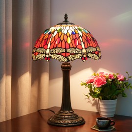 Blivuself Tiffany Lamp Dragonfly Style Stained Glass Red Lamp 12 inch Bedside Table Lamp Retro Metal Reading Lamps for Dorm Office Art Craft Antique Decor Accent Aesthetic Nightstand Light
