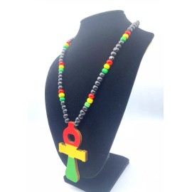 ankh cross necklace wood rasta colors black red Egyptian symbol of protection