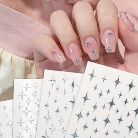 6 Sheets Stars Nails Art Stickers Decal,Nail Supplies 3D Self-Adhesive Nail Decals Metallic Stars Shiny Glitter Luxurious Silver Nail Art Designs Sticker for Acrylic Nails Art Decoration Accessories