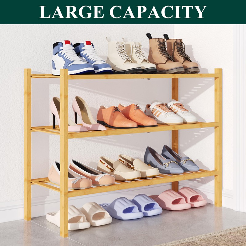 Smiry Bamboo Shoe Rack for Closet, 3 Tier Wooden Stackable