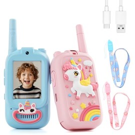 Video Walkie Talkies for Kids – Kids Walkie Talkies 2 Pack with Cute Silicone Cover, Voice Changer, 1000FT Range, Fun Indoor Outdoor Toys – Birthday Gift for Boys and Girls Ages 3-10（Blue + Pink）