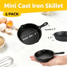6 Pack Mini Cast Iron Skillet, 4 Inch Small Non-Stick Frying Pans with Double Drip Spouts, Pre-Seasoned Heat Evenly Cookware, Safe for Stove Oven Grill Campfire, Indoor Outdoor Serving