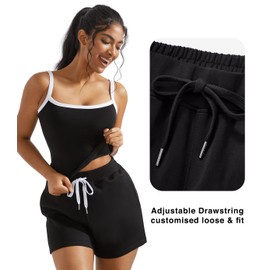 OMKAGI Women 2 Piece Outfits Sleeveless Tank Top Sweat Shorts Set with Pockets Vacation Sets(XS,316-White Black Patchwork)