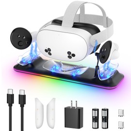 Charging Dock for Meta Quest 3S/3, Kinwin PD 18W Fast Charging Station for Oculus 3S Accessories with RGB Light, Magnetic Charger Stand for Headset/Controller with 2 Rechargeable Batteries-Black