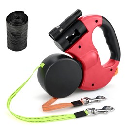 Double Retractable Dog Lead, Reinforced Extendable with Non-Slip Handle Dog Lead with LED Light and Rubbish Box for Walking 2 Dogs, 360° Tangle-Free Strong Nylon Band, One-Hand Brake (Red)