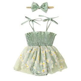ZZLBUF Newborn Baby Girl Clothes Infant Daisy Sleeveless Romper Dress Bodysuit Bowknot Headband Summer Outfits (Green Daisy, 6-12 Months)