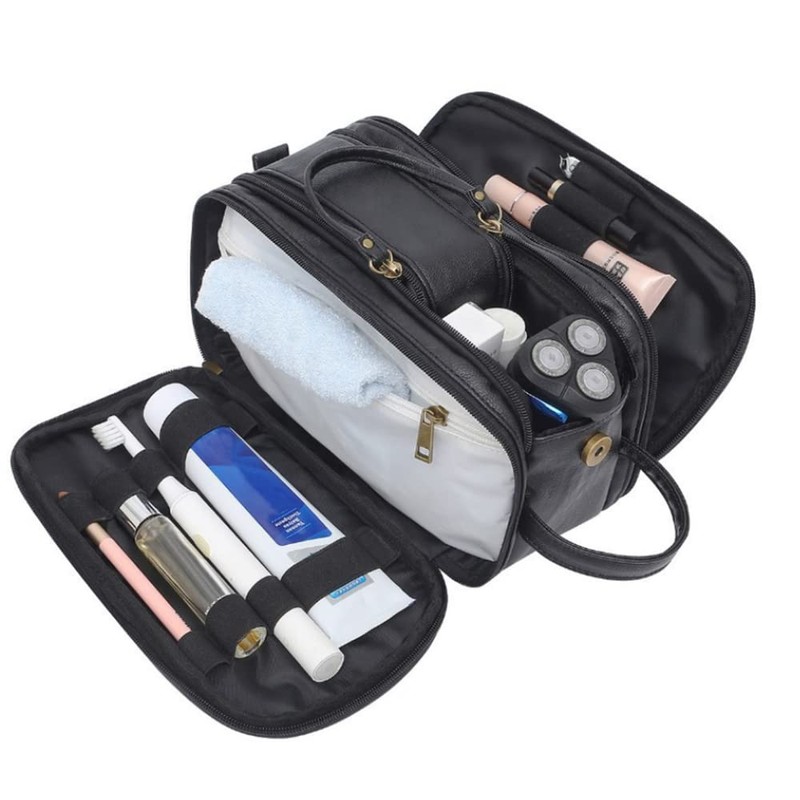 Water-Resistant Leather Toiletry Bag for Men, Large Travel Wash Bag