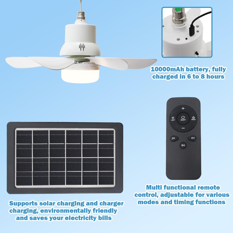 Solar Ceiling Fan Light,Solar Powered Rechargeable Ceiling Fan with 3