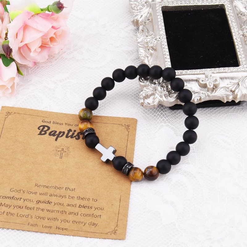 Catholic Baptism Gifts for Boys Men Cross Tiger Eye Bracelet