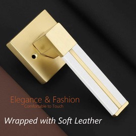 EHOMEWARE 1 Pack Gold Door Lever with White Leather Handle, Single Side Brass Interior Door Handle, Keyless Dummy Door Handle, Pull or Push Function for Pantry/Store Room/French Doors