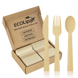 ECOLipak ECOLipak 300 Count Bamboo Cutlery Set, 100 Knives, Forks and Spoons each, No Splinters Disposable Cutlery Set Compostable Utensils for Party, Camping, Traveling, Family Dinners