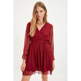 TRENDYOL Women's Midi Ruffle Hem Fitted Dress, burgundy
