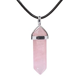 Natural Rose Quartz Gemstone Hexagonal Pointed Reiki Chakra Pendant Genuine Leather Necklace 18"