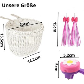 SVNR Children's Bicycle Basket, Balance Bike Basket, Braided Plastic Rattan for Boys and Girls, Easy to Assemble, Soft and Malleable, with Leather Strap, Bell, Streamers