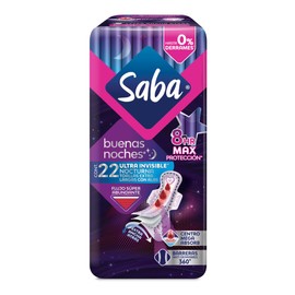 Saba Ultra Invisible Buenas Noches, toallas nocturnas con alas, flujo súper abundante, 22 piezas
