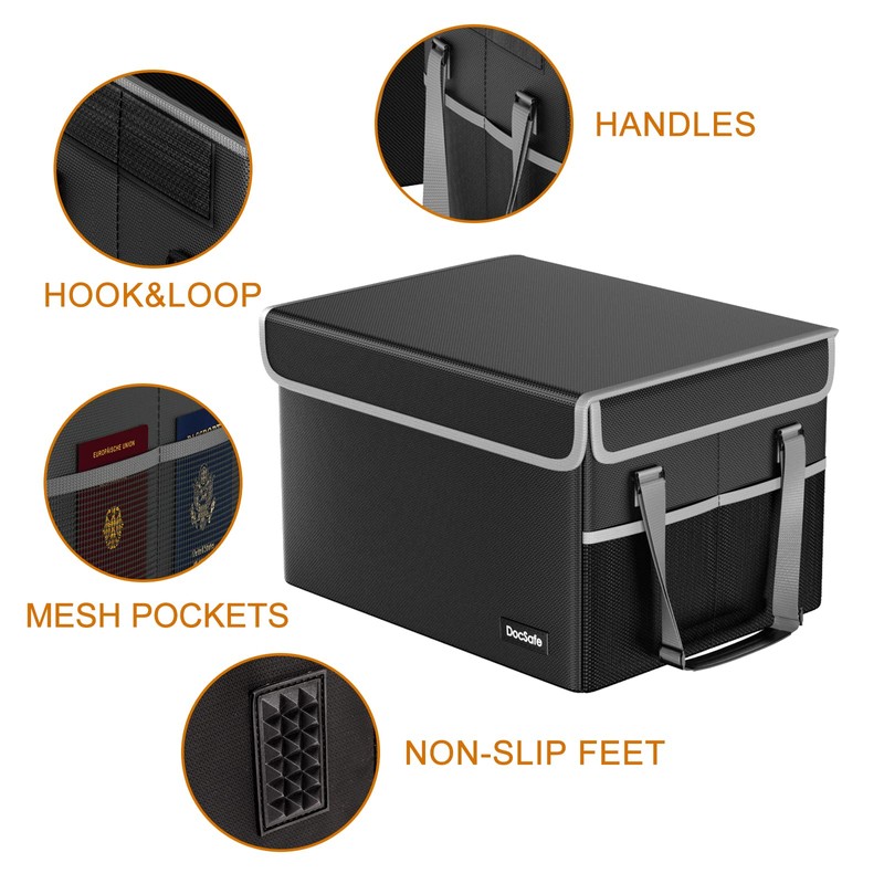 DocSafe File Box Fireproof File Storage Organizer with Lid,Collapsible Document