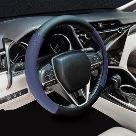 Mihecor Steering Wheel Cover Standard Size 14.5-15 inch, Non-Slip Car Wheel Cover Protector, Breathable Microfiber Leather, Black and Blue