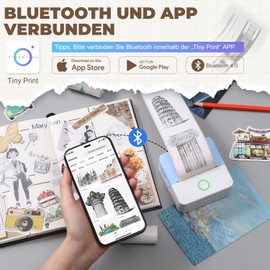 PRAOAHEI Mini Printer, Portable Photo Printer with 10 Rolls of Printer Paper, Bluetooth Label Printer, Thermal Printer for Notes, Photos, Diaries, DIY, Compatible with iOS and Android (Blue)