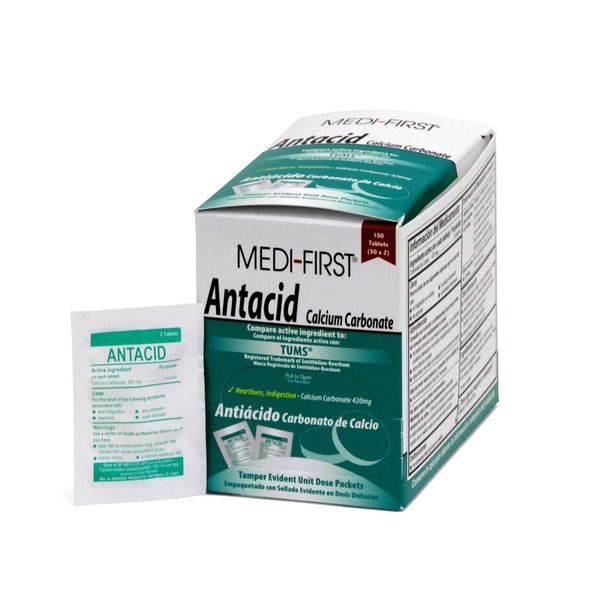 Medi-First 80233 Chewable Mint Antacid Tablets, 50-Packets of 2, 100 Count (Pack of 1)