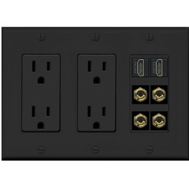 RiteAV 2 Speaker 4 Banana Binding Post Wall Plate with 2 HDMI Jacks - 3 Gang 2 Outlet [Black/Black]