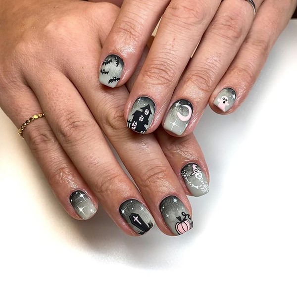 Halloween Press on Nails Short Square Cute Ghost Bat False