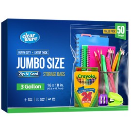 Large Storage Bags With Zipper Top - 3 Gallon Size, 16" x 18", Extra Large Plastic for Clothes, Travel, Moving, Large Reusable freezer bags, BPA-Free, 2-mil Thick (X-Large, 50, Count)