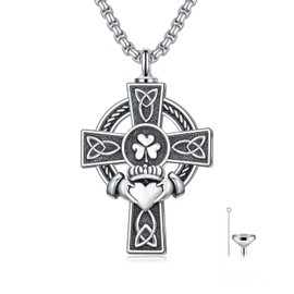 Cargari Claddagh Cross Urn Necklace for Ashes 925 Sterling Silver Celtic Knot Cross Urn Pendant Cremation Necklace Ashes Keepsake Memorial Jewelry Gifts for Men Father Husband