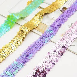 Rockreyoa 3 cm Wide Sequin Ribbon, Shiny Sequin Trim, Colourful Braided Sequin Trim, Glitter Decorative Ribbon for DIY Sewing, Crafts, Dress Making, Dance Clothing, Brown, 2 Yard