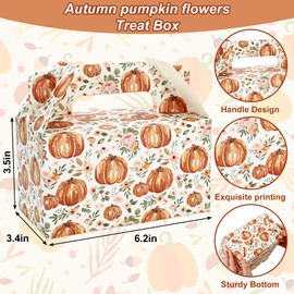 FYSUIMU 24Pcs Fall Pumpkin Treat Box with Handle Floral Pumpkin Goodie Candy Bags Autumn Cardboard Gift Box for Thanksgiving Cookie Candy Wedding Baby Shower Party Favors