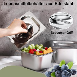 ORFCP Pack of 3 Containers 1/6 Stainless Steel with Lid, 100 mm Height Food Storage Container, Food-Grade Gastronorm Container Made of Stainless Steel, Heat Resistant Gastro Container, 17.5 x 16.2 x