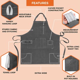 opux Chef Apron for Men, Kitchen Apron with Pockets for Women, Large Unisex Canvas Apron for Cooking Grilling BBQ Baking, Grey, Standard