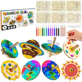 lomdung Pack of 12 Wooden Spinning Tops for Children, Children's Planet Spinning Tops with Painting Tools, Crafts with Wood, Gyroscopes Wooden Pieces, as Party Bag Birthday Party Favours