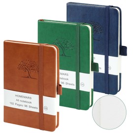 HOMEMARS Small Notebook, Pocket Notebook, 3 Pack, Notebook A6, Blank,3.7" x 5.7"Leather, Brown, Green, Blue,192 Pages Each, Hardcover, Mini Journal Notepad, Embossing Tree Design,80GSM