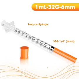 1cc Syringe 32G 1/4" 6mm, U-100 1ml Lab Syringes, Pack of 100