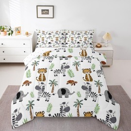 Feelyou Cute Zoo Animals Bedding Set Twin Size Cartoon Tiger Elephant Comforter Set for Kids Boys Girls Decor Zebra Turtle Tropical Tree Duvet Quilt Soft Lightweight Microfiber Bedroom Decor 2Pcs