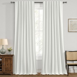 ANRODUO White 100% Blackout Linen Curtains 108 Inch Length 2 Panels, Back Tab/Rod Pocket Blackout Curtains Full Black Out Thermal Curtain for Summer Heat, Farmhouse Room Darkening Curtain Bedroom