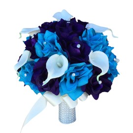 Angel Isabella 10" Large Bridal Bouquet - Turquoise Eggplant Purple Rose. Calla Lily Arrangement