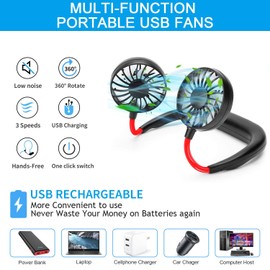 RJVW Portable Neck Fan, Hand Free Personal Hanging Neck Sports Fan USB Rechargeable (3 Speed Adjustable) Wearable Cooling Head Fan,360 Degree Free Rotation for Traveling, Sports, Office, Reading
