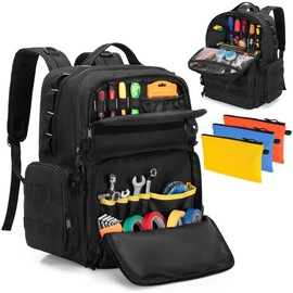 Rexmica Rexmica Tool Bag Backpack for Men with 3 Tool Pouches, Heavy-Duty Tool Storage Organizer Bag with Padded Shoulder & Waist Support, Tactical Work Tool Bag for Electrician, Repairman, HVAC Techs, Black