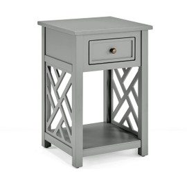 Coventry Gray Wood End Table with Drawer and Shelf, Apartment, Cottage, Loft-Style Accent Furniture with Decorative Open Detailing for Extra Storage, for Living Room or Teen Bedroom