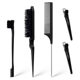 UTSAUTO 5 Pcs Hair Brush Set Edge Brush, Teasing Hair Brushes Rat Tail Combs Set with Duckbill Clips for Women Girls Men Styling, Combing, Slicking Hair, (Black)